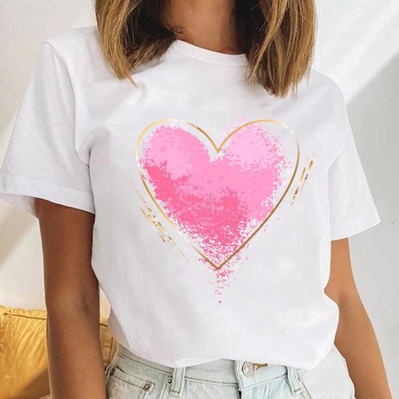 Γυναικείο κοντομάνικο T‑shirt με εκτύπωση καρδιάς και λουλουδιών, μέγεθος plus, ρετρό σχέδιο με γράμματα