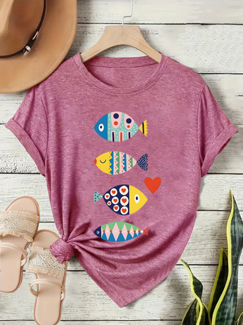 Γυναικείο κοντομάνικο T-shirt με πολύχρωμο σχέδιο ψαριού, άνετη γραμμή, στρογγυλός λαιμός, καθημερινό street style για το καλοκαίρι