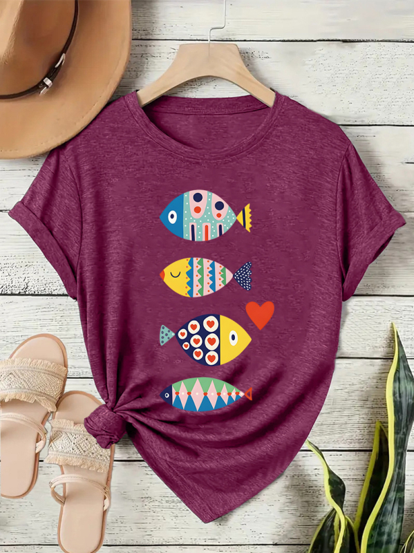 Γυναικείο κοντομάνικο T-shirt με πολύχρωμο σχέδιο ψαριού, άνετη γραμμή, στρογγυλός λαιμός, καθημερινό street style για το καλοκαίρι
