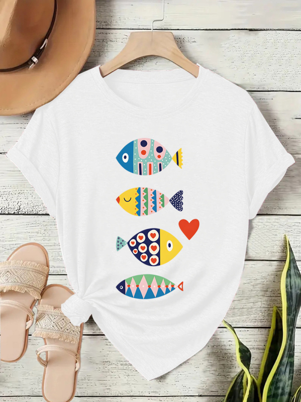 Γυναικείο κοντομάνικο T-shirt με πολύχρωμο σχέδιο ψαριού, άνετη γραμμή, στρογγυλός λαιμός, καθημερινό street style για το καλοκαίρι