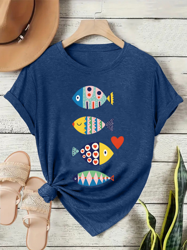 Γυναικείο κοντομάνικο T-shirt με πολύχρωμο σχέδιο ψαριού, άνετη γραμμή, στρογγυλός λαιμός, καθημερινό street style για το καλοκαίρι