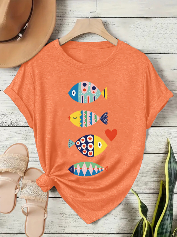 Γυναικείο κοντομάνικο T-shirt με πολύχρωμο σχέδιο ψαριού, άνετη γραμμή, στρογγυλός λαιμός, καθημερινό street style για το καλοκαίρι