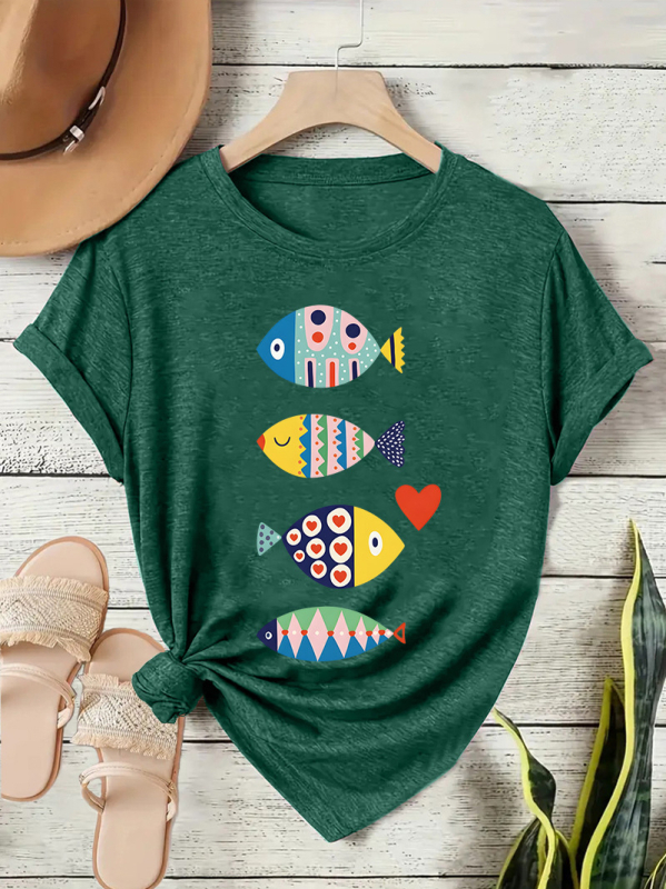 Γυναικείο κοντομάνικο T-shirt με πολύχρωμο σχέδιο ψαριού, άνετη γραμμή, στρογγυλός λαιμός, καθημερινό street style για το καλοκαίρι