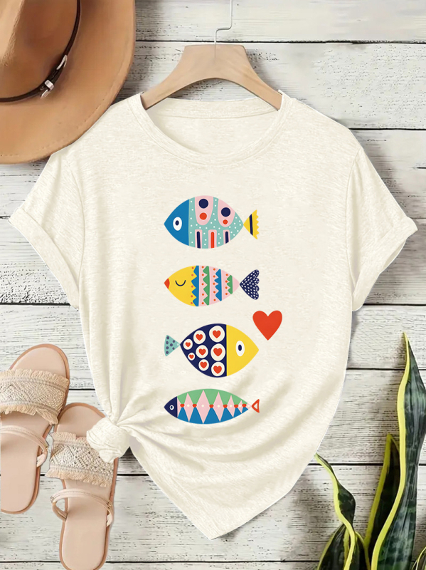 Γυναικείο κοντομάνικο T-shirt με πολύχρωμο σχέδιο ψαριού, άνετη γραμμή, στρογγυλός λαιμός, καθημερινό street style για το καλοκαίρι