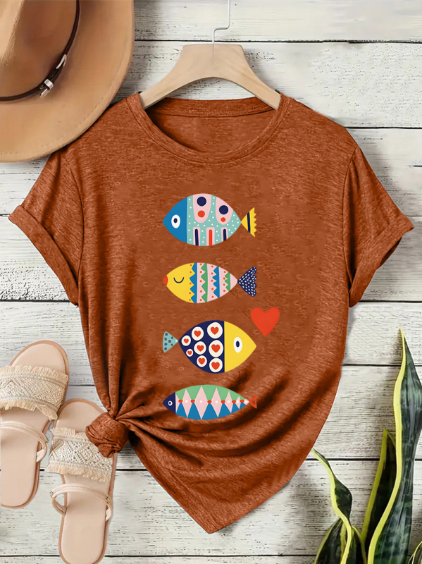Γυναικείο κοντομάνικο T-shirt με πολύχρωμο σχέδιο ψαριού, άνετη γραμμή, στρογγυλός λαιμός, καθημερινό street style για το καλοκαίρι