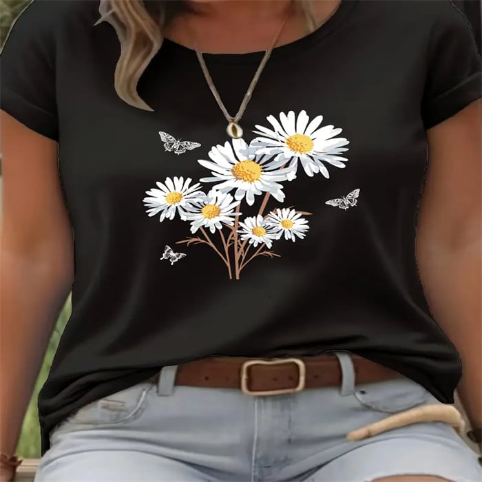 Κοντομάνικη πολυεστερική T‑shirt με εκτύπωση, χαλαρή γραμμή, στρογγυλό λαιμό, 3D εφέ εκτύπωσης