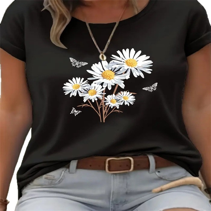 Κοντομάνικη πολυεστερική T‑shirt με εκτύπωση, χαλαρή γραμμή, στρογγυλό λαιμό, 3D εφέ εκτύπωσης