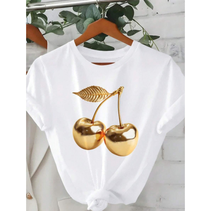Γυναικείο T-shirt με στρογγυλό λαιμό και κοντά μανίκια, μεταλλικό εκτύπωμα με κεράσια