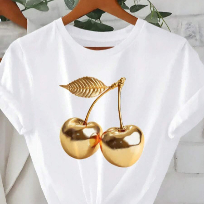 Γυναικείο T-shirt με στρογγυλό λαιμό και κοντά μανίκια, μεταλλικό εκτύπωμα με κεράσια