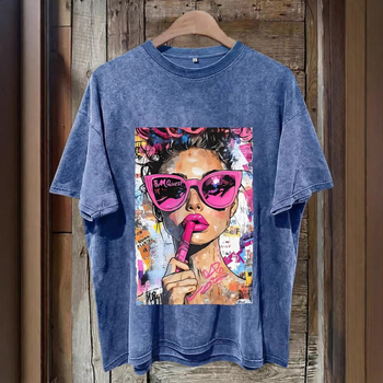 Γυναικείο T‑shirt από 100% βαμβάκι με εφέ βίντατζ πλυσίματος και λεοπάρ εκτύπωση, δυτικό στυλ, στρογγυλός λαιμός, κοντό μανίκι