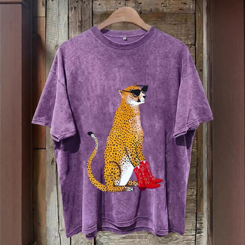 Γυναικείο T‑shirt από 100% βαμβάκι με εφέ βίντατζ πλυσίματος και λεοπάρ εκτύπωση, δυτικό στυλ, στρογγυλός λαιμός, κοντό μανίκι