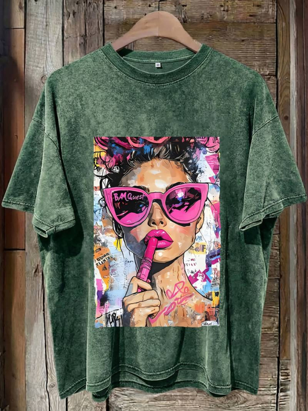 Γυναικείο T‑shirt από 100% βαμβάκι με εφέ βίντατζ πλυσίματος και λεοπάρ εκτύπωση, δυτικό στυλ, στρογγυλός λαιμός, κοντό μανίκι