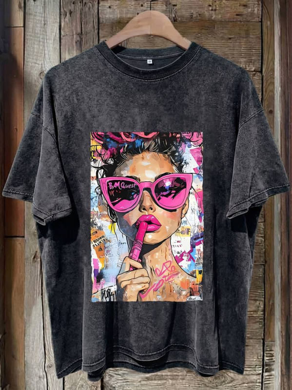 Γυναικείο T‑shirt από 100% βαμβάκι με εφέ βίντατζ πλυσίματος και λεοπάρ εκτύπωση, δυτικό στυλ, στρογγυλός λαιμός, κοντό μανίκι