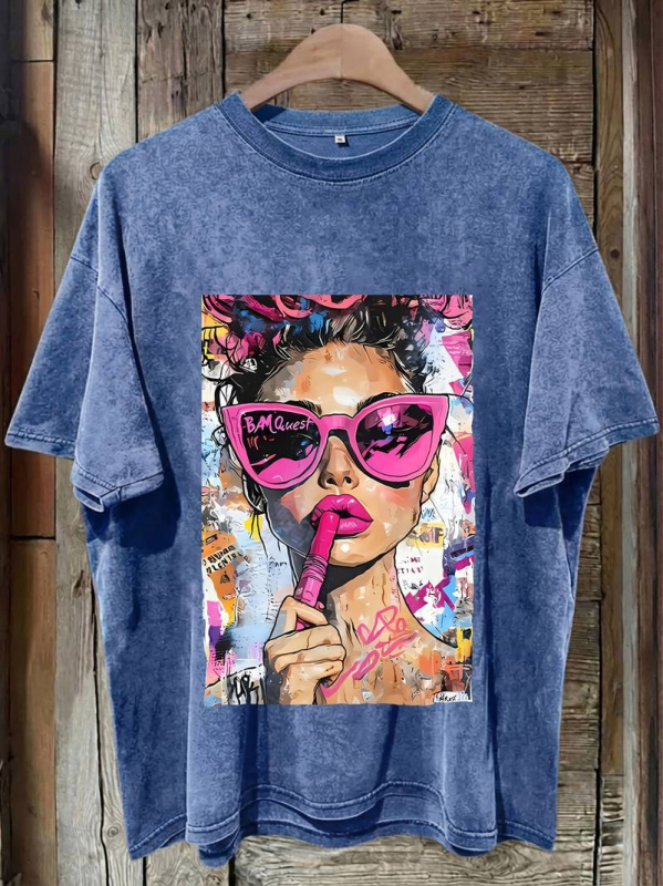 Γυναικείο T‑shirt από 100% βαμβάκι με εφέ βίντατζ πλυσίματος και λεοπάρ εκτύπωση, δυτικό στυλ, στρογγυλός λαιμός, κοντό μανίκι