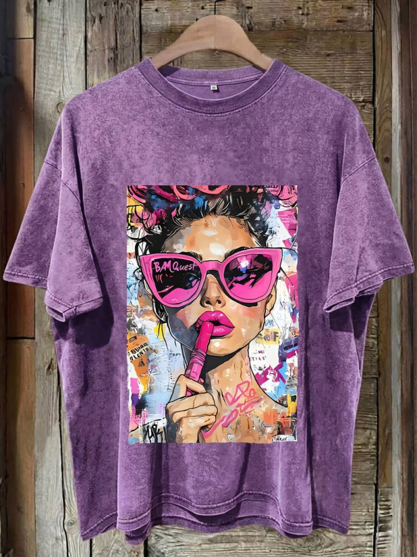 Γυναικείο T‑shirt από 100% βαμβάκι με εφέ βίντατζ πλυσίματος και λεοπάρ εκτύπωση, δυτικό στυλ, στρογγυλός λαιμός, κοντό μανίκι