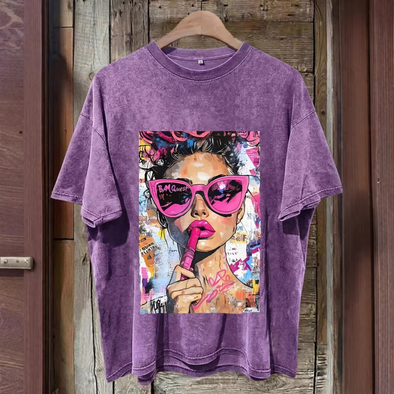 Γυναικείο T‑shirt από 100% βαμβάκι με εφέ βίντατζ πλυσίματος και λεοπάρ εκτύπωση, δυτικό στυλ, στρογγυλός λαιμός, κοντό μανίκι