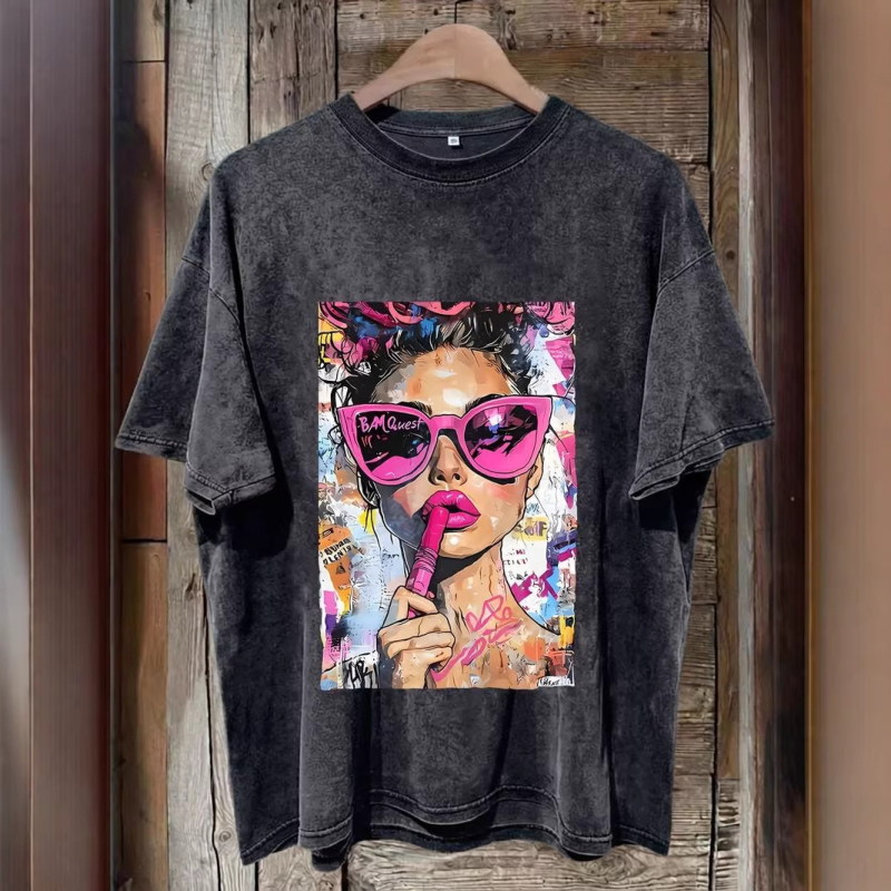 Γυναικείο T‑shirt από 100% βαμβάκι με εφέ βίντατζ πλυσίματος και λεοπάρ εκτύπωση, δυτικό στυλ, στρογγυλός λαιμός, κοντό μανίκι