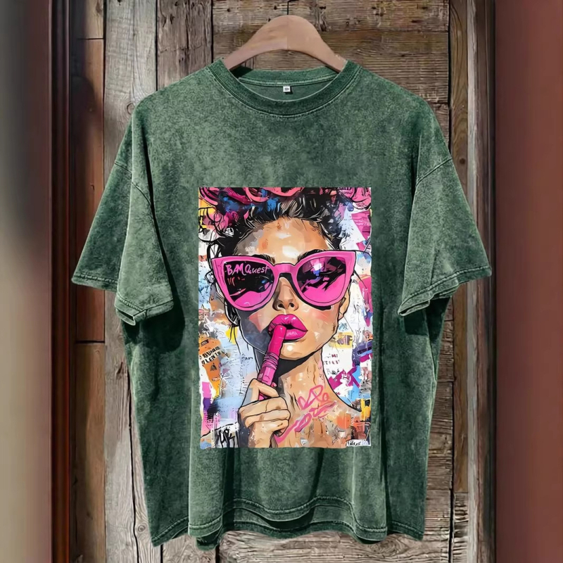 Γυναικείο T‑shirt από 100% βαμβάκι με εφέ βίντατζ πλυσίματος και λεοπάρ εκτύπωση, δυτικό στυλ, στρογγυλός λαιμός, κοντό μανίκι