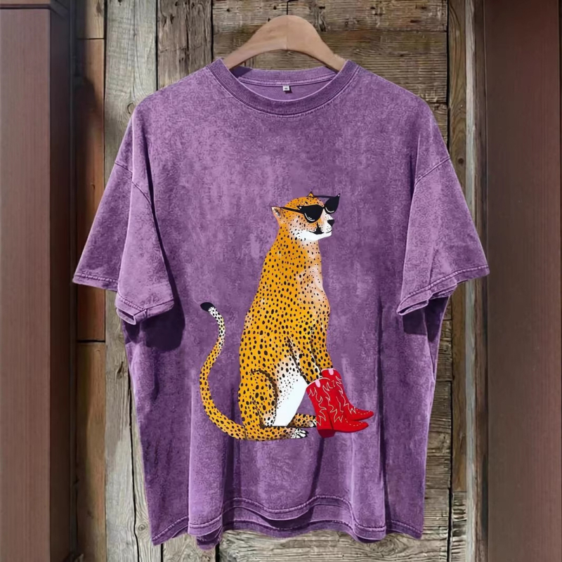 Γυναικείο T‑shirt από 100% βαμβάκι με εφέ βίντατζ πλυσίματος και λεοπάρ εκτύπωση, δυτικό στυλ, στρογγυλός λαιμός, κοντό μανίκι