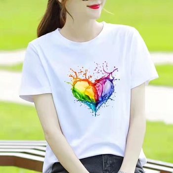 Γυναικείο T-shirt με στρογγυλό λαιμό, εκτύπωση καρδιάς και καρτούν, κορεατικού στυλ, κοντό μανίκι.