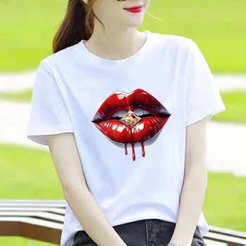 Γυναικείο T-shirt με στρογγυλό λαιμό, εκτύπωση καρδιάς και καρτούν, κορεατικού στυλ, κοντό μανίκι.