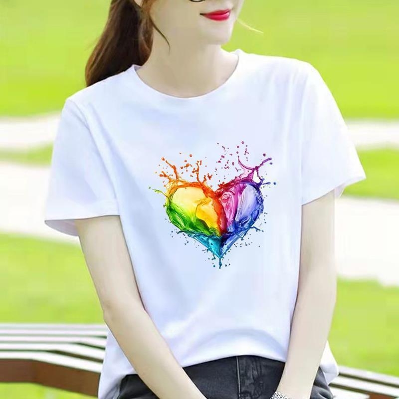 Γυναικείο T-shirt με στρογγυλό λαιμό, εκτύπωση καρδιάς και καρτούν, κορεατικού στυλ, κοντό μανίκι.
