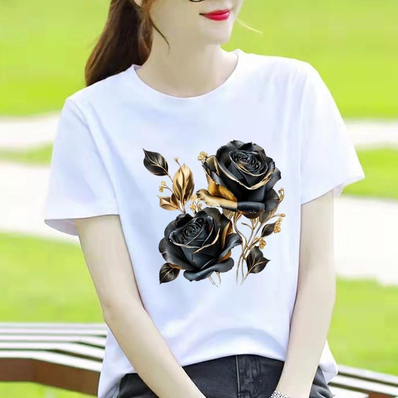 Γυναικείο T-shirt με στρογγυλό λαιμό, εκτύπωση καρδιάς και καρτούν, κορεατικού στυλ, κοντό μανίκι.