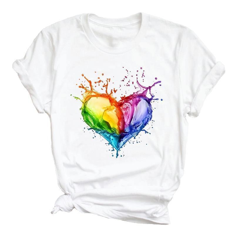 Γυναικείο T-shirt με στρογγυλό λαιμό, εκτύπωση καρδιάς και καρτούν, κορεατικού στυλ, κοντό μανίκι.
