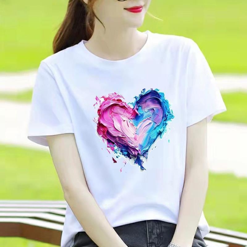 Γυναικείο T-shirt με στρογγυλό λαιμό, εκτύπωση καρδιάς και καρτούν, κορεατικού στυλ, κοντό μανίκι.