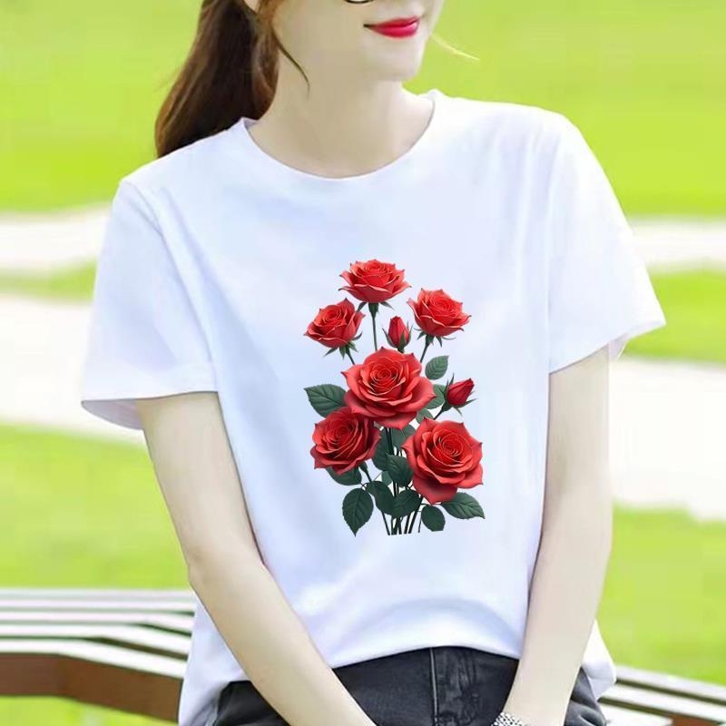 Γυναικείο T-shirt με στρογγυλό λαιμό, εκτύπωση καρδιάς και καρτούν, κορεατικού στυλ, κοντό μανίκι.