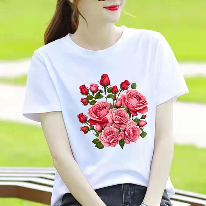 Γυναικείο T-shirt με στρογγυλό λαιμό, εκτύπωση καρδιάς και καρτούν, κορεατικού στυλ, κοντό μανίκι.