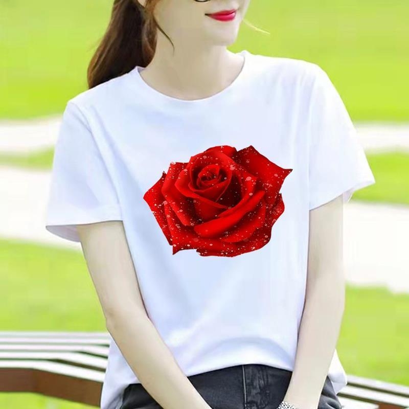 Γυναικείο T-shirt με στρογγυλό λαιμό, εκτύπωση καρδιάς και καρτούν, κορεατικού στυλ, κοντό μανίκι.