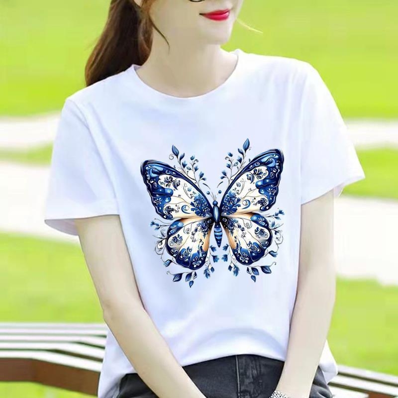 Γυναικείο T-shirt με στρογγυλό λαιμό, εκτύπωση καρδιάς και καρτούν, κορεατικού στυλ, κοντό μανίκι.