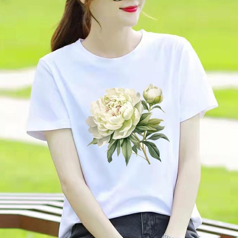 Γυναικείο T-shirt με στρογγυλό λαιμό, εκτύπωση καρδιάς και καρτούν, κορεατικού στυλ, κοντό μανίκι.