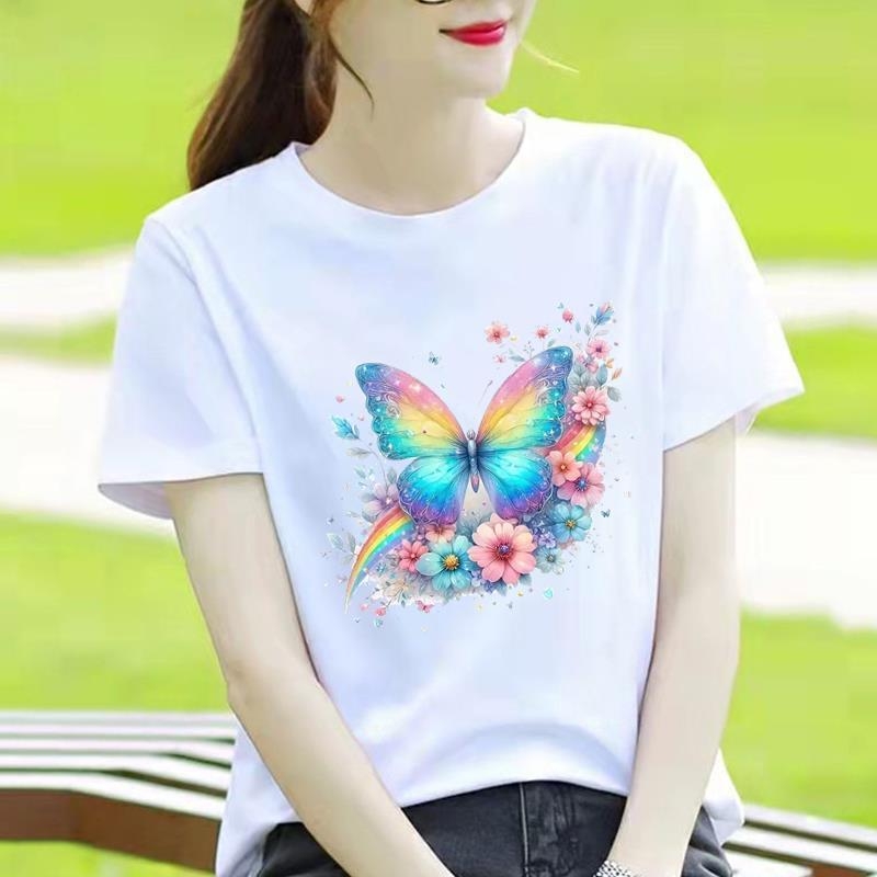 Γυναικείο T-shirt με στρογγυλό λαιμό, εκτύπωση καρδιάς και καρτούν, κορεατικού στυλ, κοντό μανίκι.