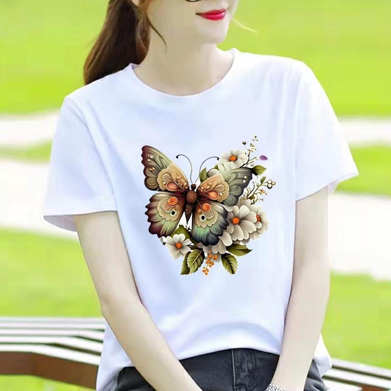 Γυναικείο T-shirt με στρογγυλό λαιμό, εκτύπωση καρδιάς και καρτούν, κορεατικού στυλ, κοντό μανίκι.