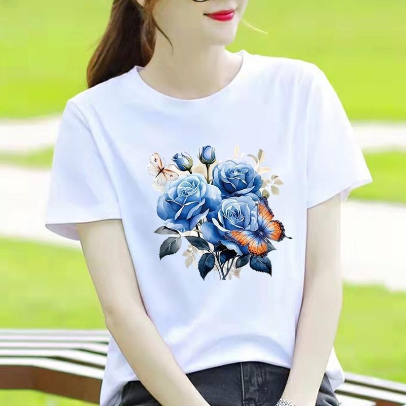 Γυναικείο T-shirt με στρογγυλό λαιμό, εκτύπωση καρδιάς και καρτούν, κορεατικού στυλ, κοντό μανίκι.
