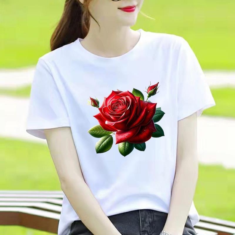 Γυναικείο T-shirt με στρογγυλό λαιμό, εκτύπωση καρδιάς και καρτούν, κορεατικού στυλ, κοντό μανίκι.