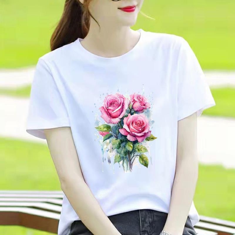 Γυναικείο T-shirt με στρογγυλό λαιμό, εκτύπωση καρδιάς και καρτούν, κορεατικού στυλ, κοντό μανίκι.