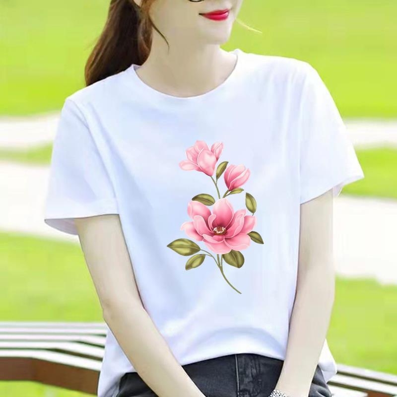 Γυναικείο T-shirt με στρογγυλό λαιμό, εκτύπωση καρδιάς και καρτούν, κορεατικού στυλ, κοντό μανίκι.