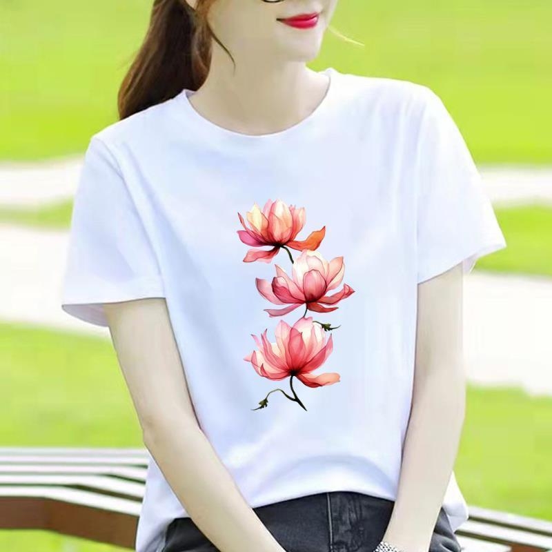 Γυναικείο T-shirt με στρογγυλό λαιμό, εκτύπωση καρδιάς και καρτούν, κορεατικού στυλ, κοντό μανίκι.