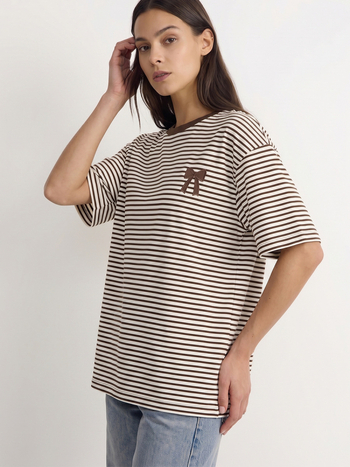 Γυναικείο T‑shirt με ρίγες, χαλαρή γραμμή, μανίκια μεσαίου μήκους, στρογγυλός λαιμός, oversize, καλοκαίρι 2026