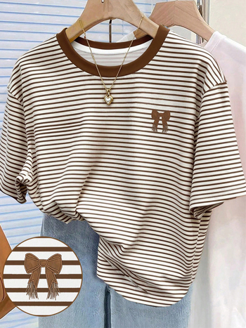Γυναικείο T‑shirt με ρίγες, χαλαρή γραμμή, μανίκια μεσαίου μήκους, στρογγυλός λαιμός, oversize, καλοκαίρι 2026