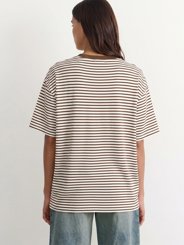 Γυναικείο T‑shirt με ρίγες, χαλαρή γραμμή, μανίκια μεσαίου μήκους, στρογγυλός λαιμός, oversize, καλοκαίρι 2026