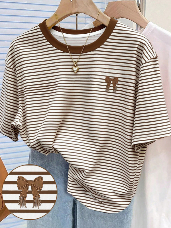 Γυναικείο T‑shirt με ρίγες, χαλαρή γραμμή, μανίκια μεσαίου μήκους, στρογγυλός λαιμός, oversize, καλοκαίρι 2026