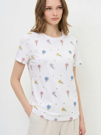 Γυναικείο T-shirt με εκτύπωση, κοντά μανίκια, στρογγυλό λαιμό, μοτίβο αγριολούλουδου, άνετη γραμμή, καθημερινή και αστική χρήση, καλοκαίρι 2026