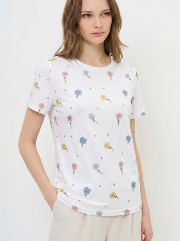 Γυναικείο T-shirt με εκτύπωση, κοντά μανίκια, στρογγυλό λαιμό, μοτίβο αγριολούλουδου, άνετη γραμμή, καθημερινή και αστική χρήση, καλοκαίρι 2026