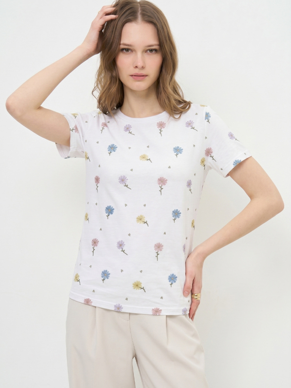 Γυναικείο T-shirt με εκτύπωση, κοντά μανίκια, στρογγυλό λαιμό, μοτίβο αγριολούλουδου, άνετη γραμμή, καθημερινή και αστική χρήση, καλοκαίρι 2026