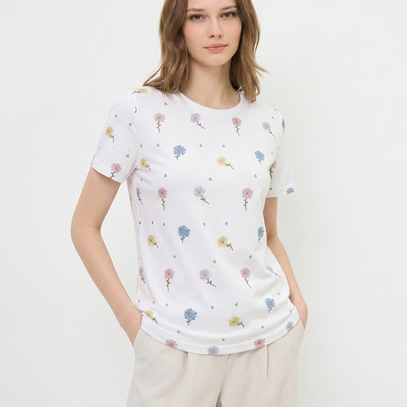 Γυναικείο T-shirt με εκτύπωση, κοντά μανίκια, στρογγυλό λαιμό, μοτίβο αγριολούλουδου, άνετη γραμμή, καθημερινή και αστική χρήση, καλοκαίρι 2026
