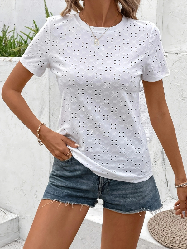 2024 Νέα γυναικεία T‑shirt με Jacquard, πλισέ, στρογγυλή λαιμόκοψη, μονόχρωμο, φρέσκο στυλ